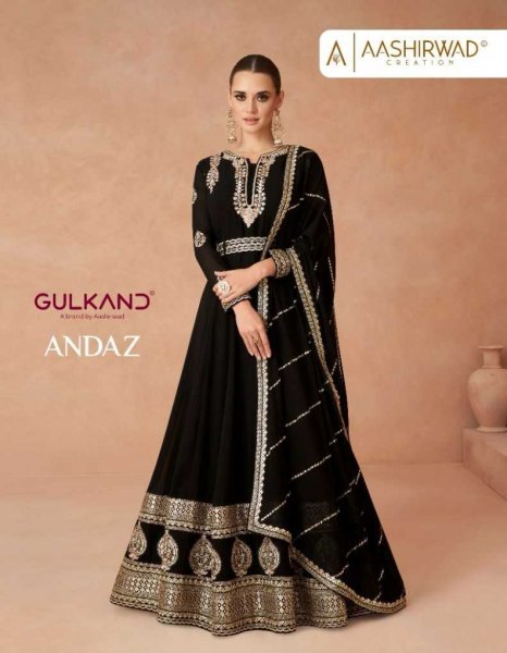 aashirwad gulkand andaz readymade designer long gown with dupatta designer catalog In Black Colour Salwar Kameez