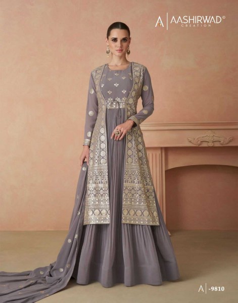 aashirwad gulkand andaz readymade designer long gown with dupatta designer catalog In Grey Colour Salwar Kameez