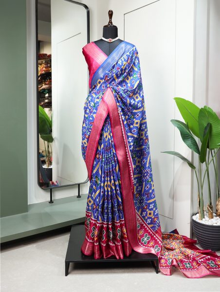 Colourful Blue Dola Silk Saree With Patola Print silk saree