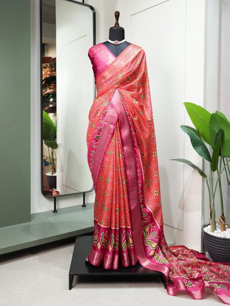 Red Dola Silk Saree With Patola Print silk saree