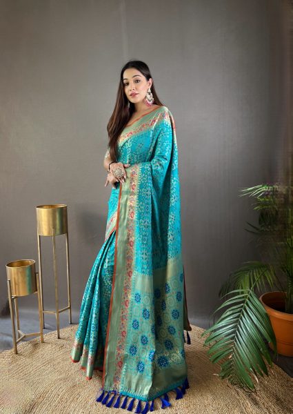 drape inPure bandhej patola Silk saree In Sky Blue Colour Saree