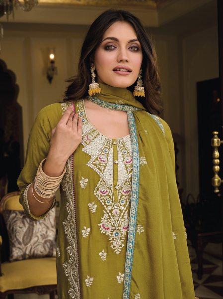 Eba lifestyle ayat heavy chinon embroidery mustard yellow unstitched suit Unstitched Suit