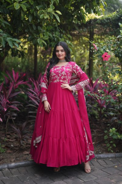 Faux Blooming gown with Viscose Dyable Jacquard With Sequins Embroidered Work in Pink Colour  Party Wear Gown