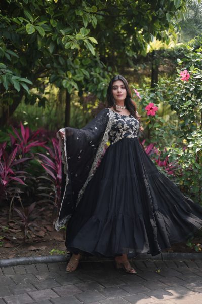 Faux Blooming gown with Viscose Dyable Jacquard With Sequins Embroidered Work in Black Colour  Party Wear Gown