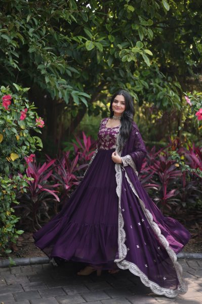 Faux Blooming gown with Viscose Dyable Jacquard With Sequins Embroidered Work in Wine Colour  Party Wear Gown