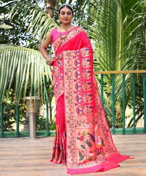 Gitanjali Paithani Saree with Peacock Border In Pink Combination of YColor Paithani Saree