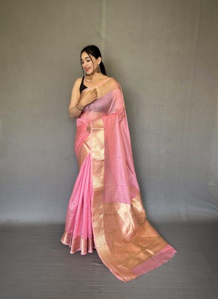 Heavy  Gold Jacquard Weaving Border Pink Saree Saree