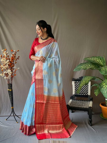 Original Linen saree With Chaap Border In Sky Blue Color 