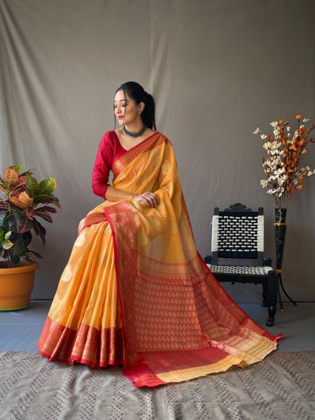 Original Linen saree With Chaap Border In Mustered Yellow Color linen Saree