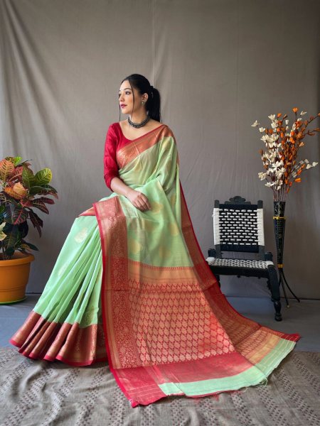 Original Linen saree With Chaap Border In Green Color linen Saree