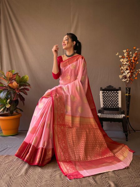 Original Linen saree With Chaap Border In Pink Color linen Saree