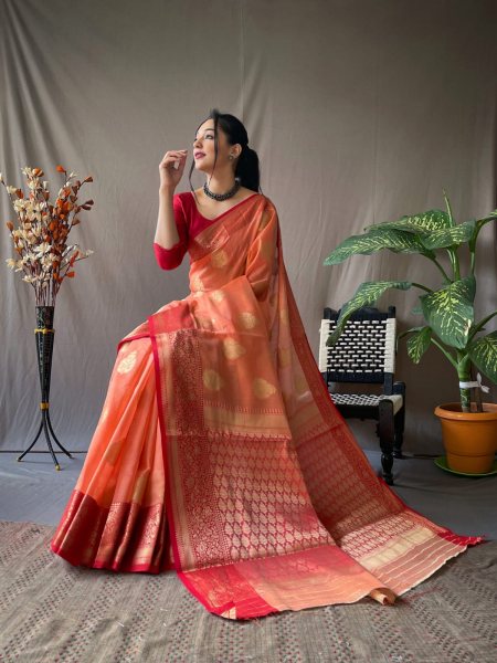 Original Linen saree With Chaap Border In Orange Color linen Saree
