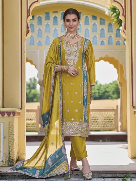 Sophia Premium silk with embroidery work yellow unstitched salwar kameez Kurti & Gown