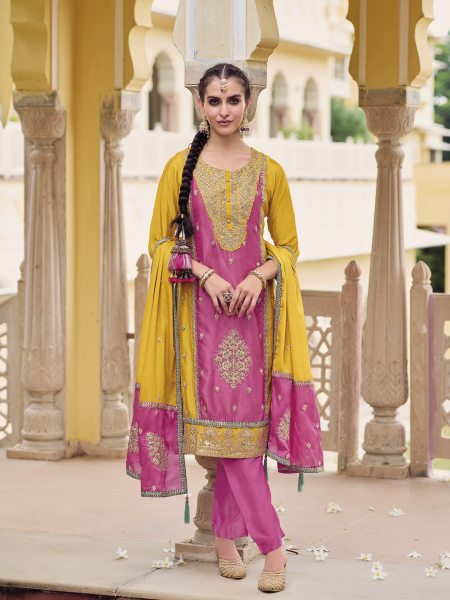 Readymade heavy chinon embroidery trending pink suit Readymade Suit