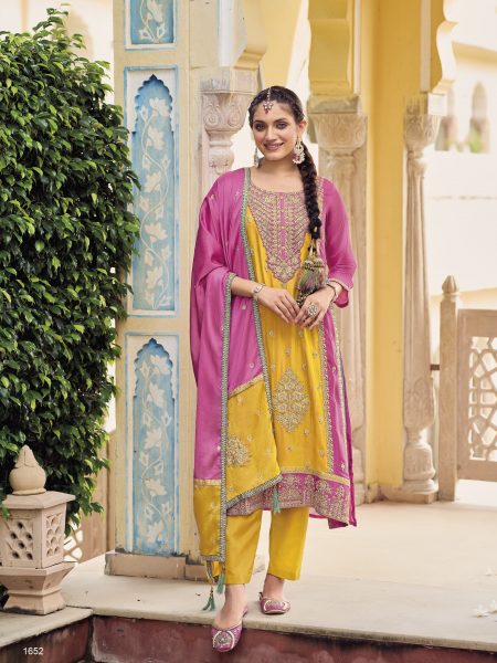 Readymade heavy chinon embroidery trending yellow suit Readymade Suit