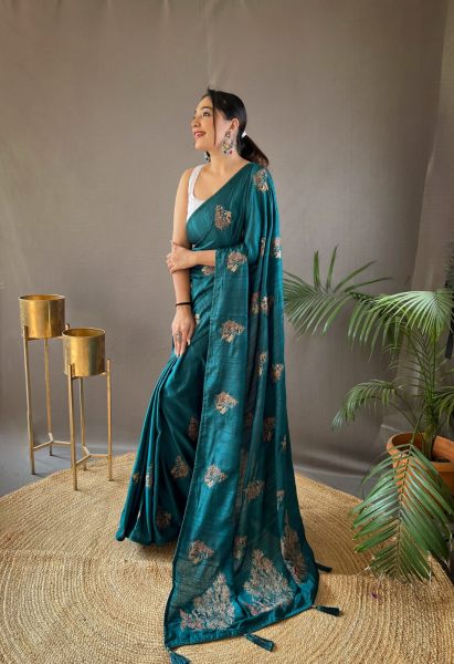 Silk  With Zari Based Embroidery Teal Colour Saree silk saree