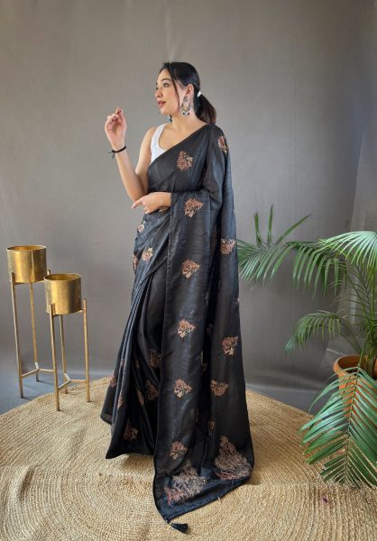 Silk  With Zari Based Embroidery Black Colour Saree silk saree