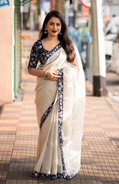 Stylish Blue Soft Linen Kalamkari Print Saree linen Saree