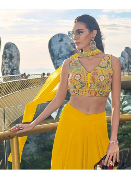 Zaveri Ailis Western Style Chinon Silk Yellow Choli Designer Lehenga
